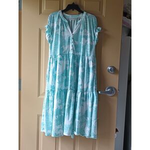 Wonderly Mint Green Tropical Tiered Midi Dress Pockets Henley Large